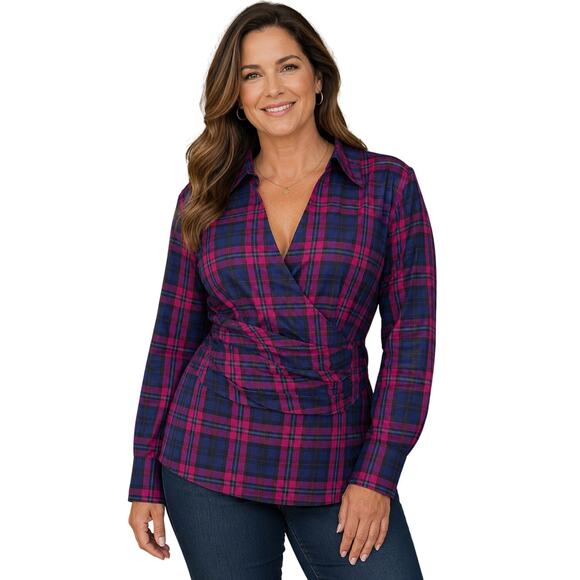 Talbots Tops - Talbots sz 16 silk blend tartan purple ruched front career business long sleeve
